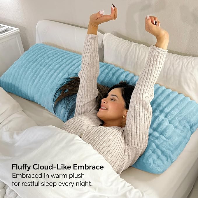 BEDELITE Fluffy Striped Body Pillow Cover with Zipper, Light Blue, 20x54 | Ultra-soft Faux Fur with 7D Striped Texture, Comfy, Plush, and Cloud-like, Body Pillow Pillowcase for Bed Couch Room Decor