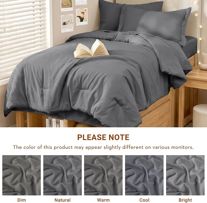5 Pieces Twin XL Comforter Set, Soft Bed in a Bag Twin XL Size, All Season Bedding Set with Comforter, Flat Sheet, Fitted Sheet, Pillowcases & Shams, Dark Grey