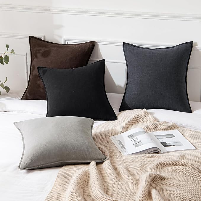 MIULEE Decorative Linen Euro Sham Pillow Covers 26x26 Black | Boho Farmhouse Neutral Couch Throw Pillows for Bed, Pack of 2 Accent Modern Pillowcases, Sofa Livingroom Home Decor