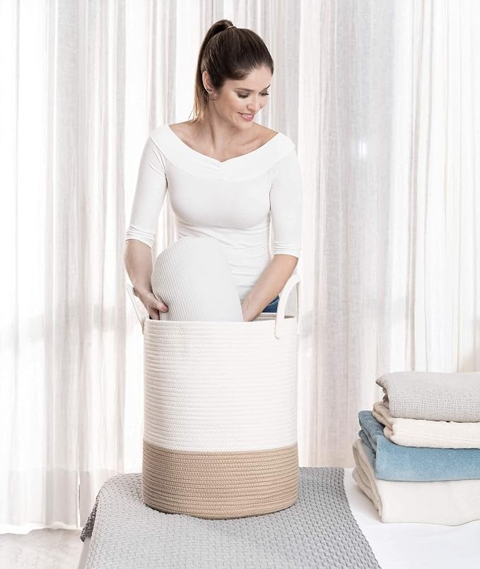 OrganiHaus Tall Cotton Rope Laundry Basket & Hamper, Blanket Storage 52L | Honey / Off-White - Tall Cotton Rope Hamper, 52L