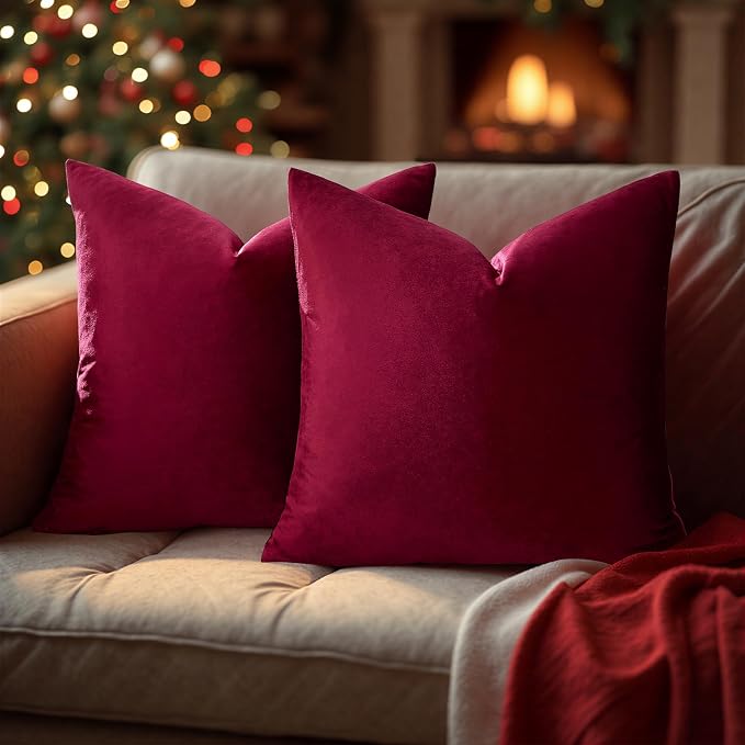 GIGIZAZA Burgundy Velvet Pillow Covers 16x16 Decorative Pillows Pack of 2 | Red Throw Pillows for Couch Sofa,280gsm Soft Textured Fabric,Modern Square Pillowcases,Luxury Cushion Covers