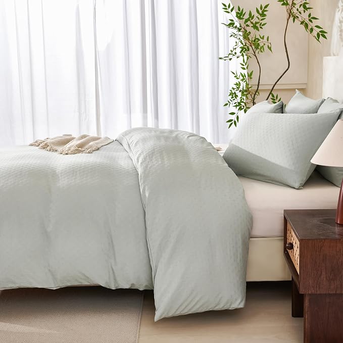 Queen Size Comforter Set Polka Dot Luxury Washed Microfiber Jacquard 3 Pieces Bedding, Sage Green Polka Dot Vertical Ticking Stripes Pattern Comforter with 2 Pillowcases Soft Breathable Durable Comfy