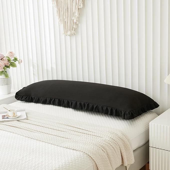 Black Body Pillow Cover 20x54inches Long Pillowcase Ruffled Pillowcases Shabby Chic Ruffled Fringe Decor Body Ruffled Pillow Sham Cute Pillowcase (1 Body, Black)