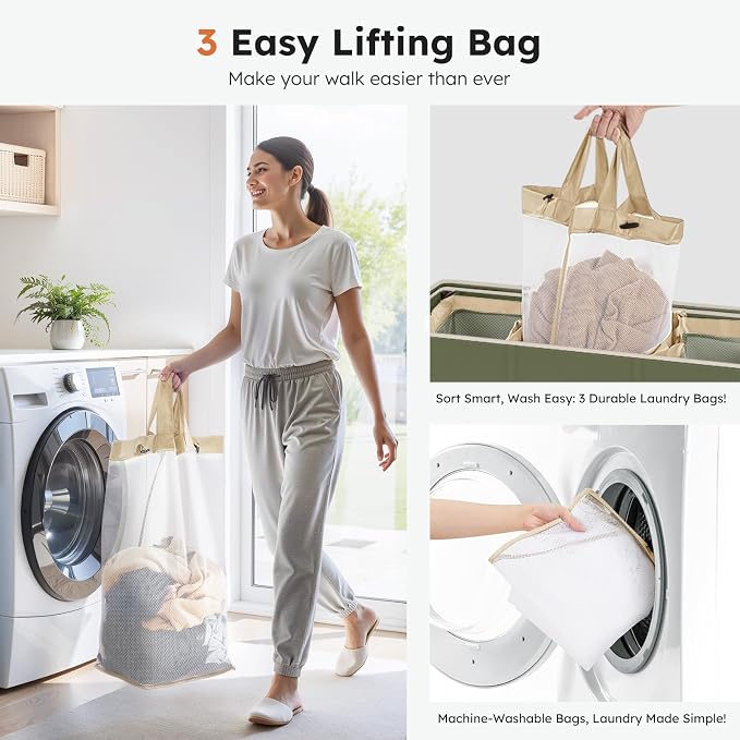 SOLEDI 180L 3-Section Laundry Hamper with Lid, Extra Large Dirty Clothes Basket with Sturdy Handles for Laundry Room & Bedroom - Durable Organizer for Sorting Laundry
