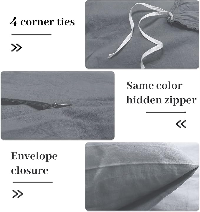 NEXHOME PRO Duvet Cover Set 100% Washed Cotton Full Size Linen Feel Textured Organic Natural 3 Pieces Bedding Set with Zipper Closure and Corner Ties, Breathable and Soft (Grey, No Comforter)