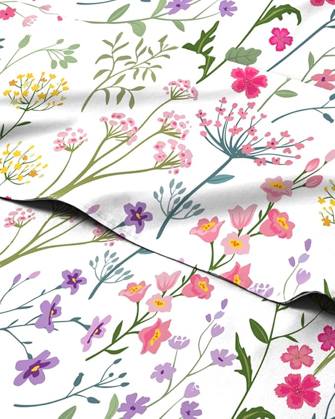 King 4 Piece Floral Sheet Set - Soft, Breathable & Cooling - Rosebud Sprigs | 1 Flat, 1 Fitted & 2 Pillowcases w/ Deep Pockets, Boho Botanical Floral Bedding, Breathable & Cooling, Wrinkle & Fade Free