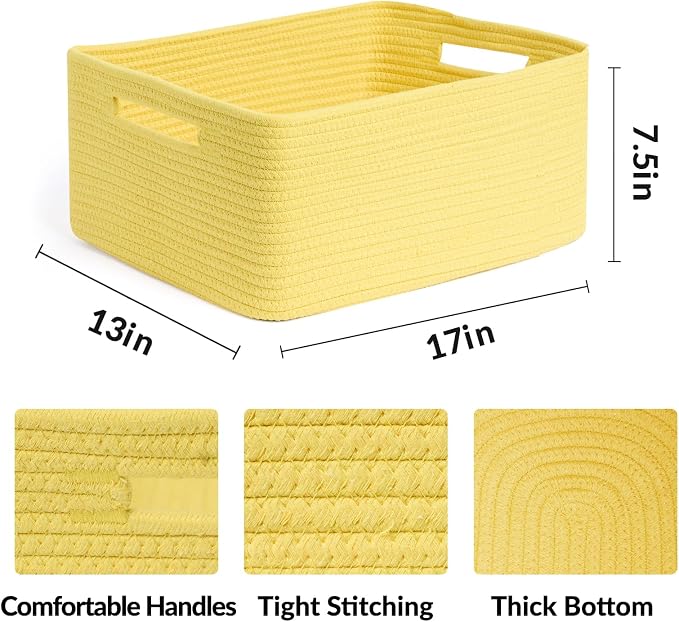 MiniArk Large Storage Baskets for Organizing, 17 x 13 x 7.5” Closet Shelf Baskets for Clothes Blanket Towels, Baby Nursery, Toy Bins Box, Woven Rope Baskets, 4 Packs Yellow