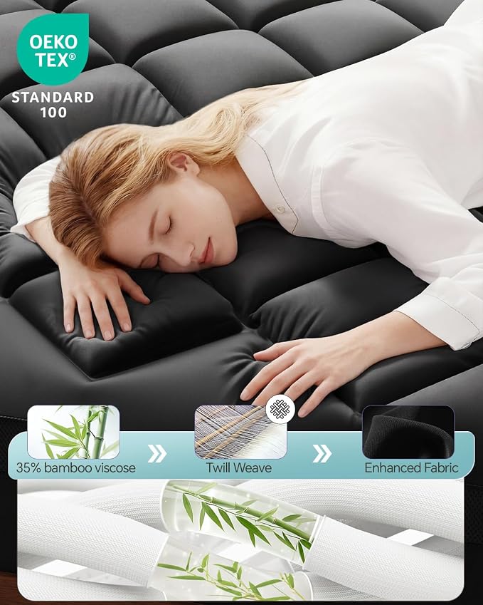 Dual Layer 4 Inch Memory Foam Mattress Topper Queen | 2 Inch Gel Memory Foam and 2 Inch Pillow Top Mattress Pad Cover, 7-Zone Egg Crate & 2-in-1 Design (Black-White)