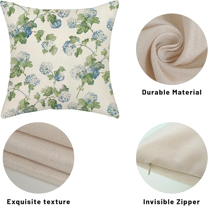Blue Green Floral Pillow Covers 20x20 Inch 2 Pcs Vintage Flower Decor Throw Pillows Hydrangea Seasonal Spring Summer Outdoor Farmhouse Decoration Pillowcase Linen Cushion Cover for Couch Sofa Bed