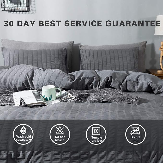AveLom Seersucker Duvet Cover Set Oversized Queen Size Drey (98 x 98 inches), 3 Pieces (1 Duvet Cover, 2 Pillow Cases), Soft Washed Microfiber Textured Duvet Cover with Zipper Closure, Corner Ties