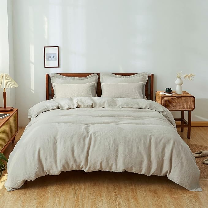 Simple&Opulence 100% Washed Linen Duvet Cover Set 5pcs(1 Duvet Cover& 2 Shams& 2 Pillowcases) Basic Style Natural French Flax Soft Breathable Farmhouse Bedding (Queen, Linen)