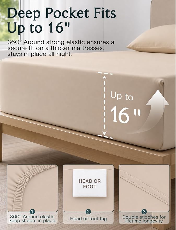 LuxClub 4 PC Full Sheet Set, Deep Pockets Wrinkle Free Cooling Bed Sheets Hotel Bedding for Women, Men, Kids & Teens, Includes 1 Fitted Sheet, 1 Flat Sheet and 2 Pillowcases-Soft Light Khaki | LuxClub Silky Fitted Sheet & Pillowcase Sets, Breathable Ho...