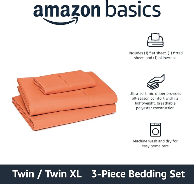 Amazon Basics Lightweight Super Soft Breathable Wrinkle-Free Microfiber 3-Piece Bed Sheet Set, Twin XL, Brick, Solid