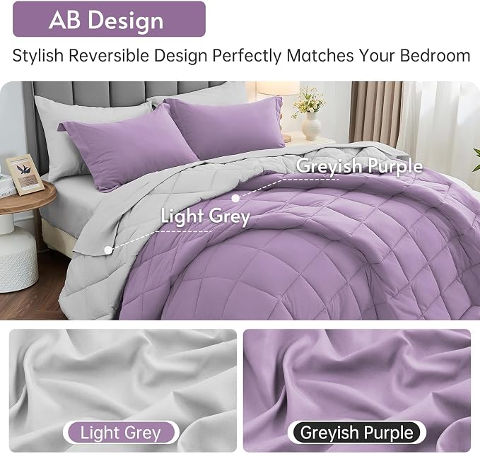7 Pieces King Comforter Set, Reversible Bed in a Bag King Size, All Season Bedding Set with Comforter, Flat Sheet, Fitted Sheet, Pillowcases & Shams, Greyish Purple & Light Grey