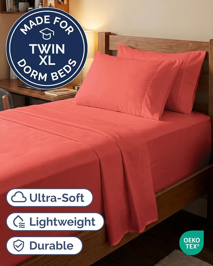 Extra Deep Twin XL Sheet Set - 4 Piece College Dorm Room - Coral | College Dorm Room Essentials, Easy & Secure Fit, Ultra-Soft, Wrinkle & Fade Free, Comfy Sheets Set with Extra Deep Pockets