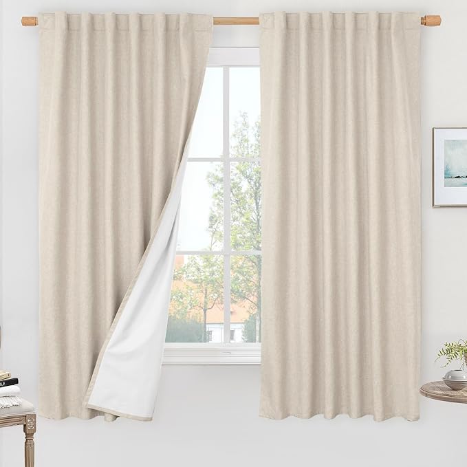 Oatmeal 100% Blackout Linen Curtains 60 Inches with White Liner | Linen Textured, Thermal, Curtains for Bedroom, Living Room, Privacy, Rod Pocket Back Tab Drapes, 2 Panels, 52 x 60 Inch