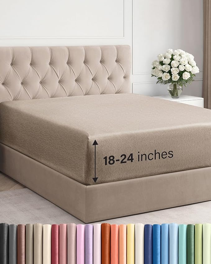 Extra Deep Full Fitted Sheet - Single Fitted Sheet Only - Heathered Beige | Easily Fits 18 inch to 24 inch Mattress, Soft, Wrinkle Free, Breathable & Comfy, Extra Deep Pockets Hotel Luxury Fitted Sheet