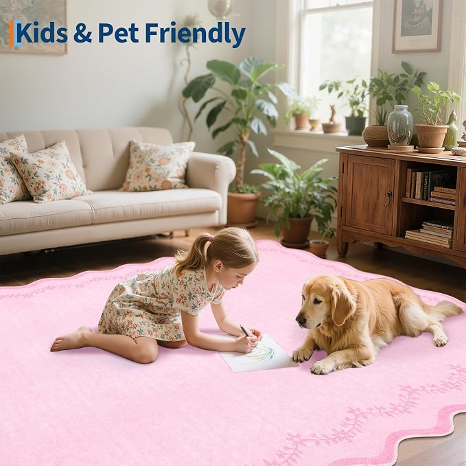 GarveeHome 3x5 Scalloped Washable Area Rug Non Slip Bedroom Entryway Rug | Soft Pink Kitchen Rug Low Pile Carpet Stain Resistant Throw Rug for Bedside Kids Room Office Dining Room