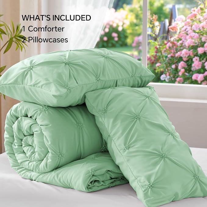 BEDELITE Queen Comforter Set Sage-Green,Lightweight & Soft Comforter | Pintuck Boho Bedding, Warm & Cute Bed Set for All Season,With 2 Pillowcases