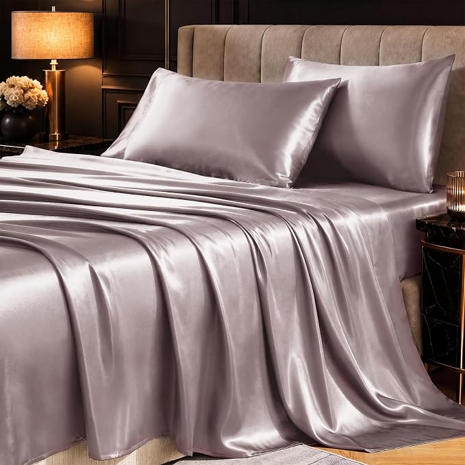 CozyLux Satin Sheets Queen, 4-Piece 14-Inch Deep Pocket Sheet Set | OEKO-TEX Certified Silky Soft Sheet Set for Hair &Skin, Luxurious Silky-Smooth Satin for Elegant Bedroom Decor, Dusty Purple