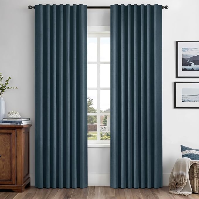 MIULEE 100% Blackout Linen Curtains 42 x 63 Inch Navy Blue 2 Panels | Thermal Insulated, Room Darkening Drapes for Bedroom Living Room, Back Tab Rod Pocket Pinch Pleated, Solid Luxury Decor
