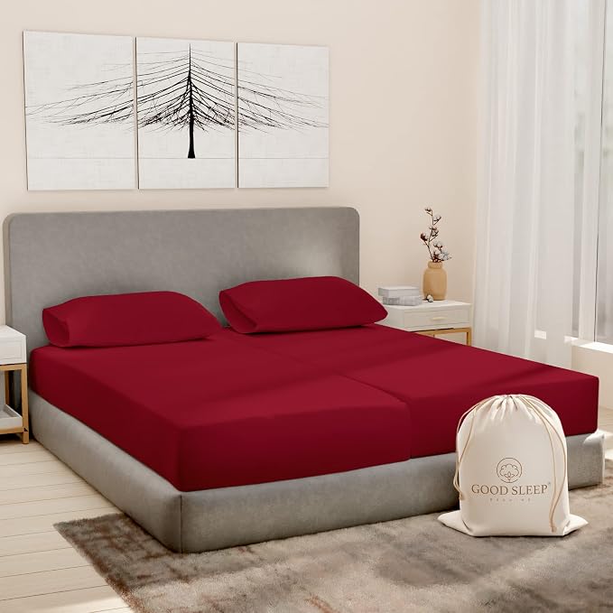 Good Sleep Bedding Split King Sheets Sets for Adjustable Bed, 5 Piece, 100% Egyptian Cotton Bed Sheets for Adjustable Bed, Sateen Weave, 16 Inch Deep Pocket Bed Sheet - Burgundy