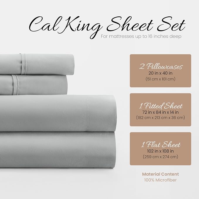 ienjoy Home Hotel Collection Luxury Soft Brushed Bed Sheet Set - Cal King - Light Gray