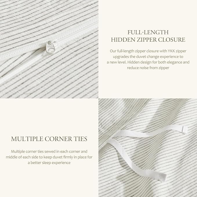 DAPU 100% French Linen Duvet Cover 3Pcs Set, 170GSM Linen Bedding, King | Soft Breathable All-Season for Hot sleepers, Corner Ties & Zipper Closure, French Linen Flax from Normandy, Gray Stripe