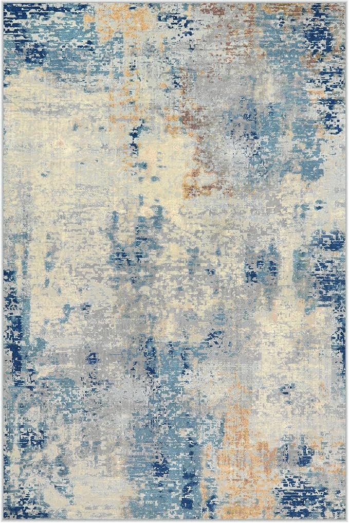 Lahome Modern Abstract Kitchen Rug - 2x3 Washable Small Front Doormat Soft Throw Rugs for Entryway Non-Slip, Contemporary Faux Wool Floor Indoor Carpet for Bathroom, Blue/Yellow/Ivory