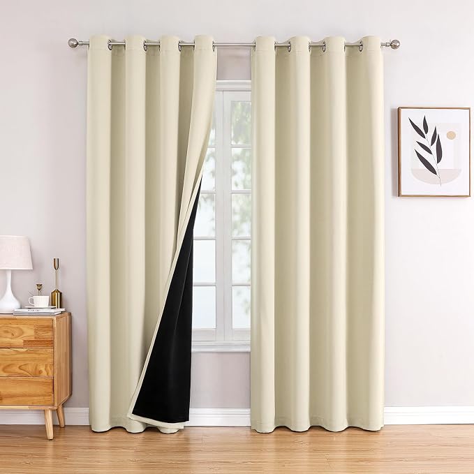 ChrisDowa 100% Blackout Curtains for Bedroom 102 Inches Long 2 Panels Set | 2 Thick Layers, Thermal Insulated, Light Blocking, Grommet, Long Window Drapes, for Living Room, Light Beige, 52 x 102 Inch
