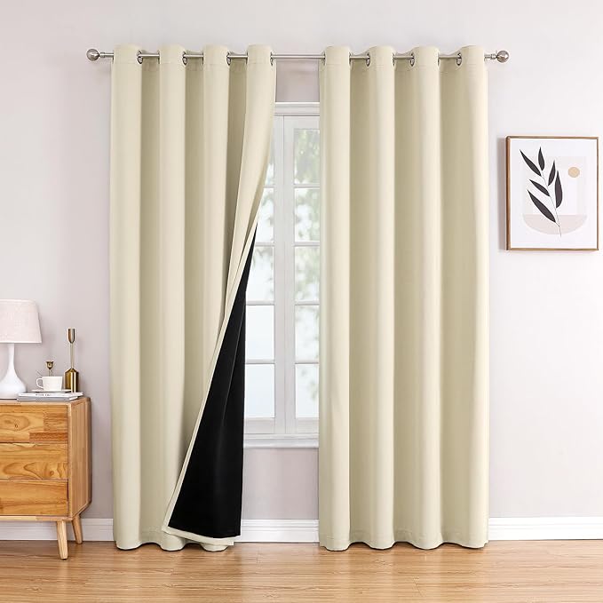 ChrisDowa 100% Blackout Curtains for Bedroom 90 Inches Long 2 Panels Set | 2 Thick Layers, Thermal Insulated, Light Blocking, Grommet, Window Treatment, Living Room Drapes, Light Beige, 52 x 90 Inch