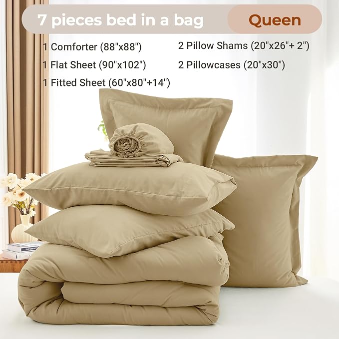 7 Pieces Queen Comforter Set, Soft Bed in a Bag Queen Size, All Season Bedding Set with Comforter, Flat Sheet, Fitted Sheet, Pillowcases & Shams, Khaki