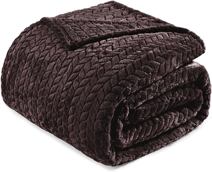 Exclusivo Mezcla Soft Fleece Bed Blanket Queen Size, 90”x90”, Coffee | Cozy Fluffy Lightweight Blankets for Summer, Decorative Plush Flannel Throws for Living Room, Bedroom with Leaves Pattern
