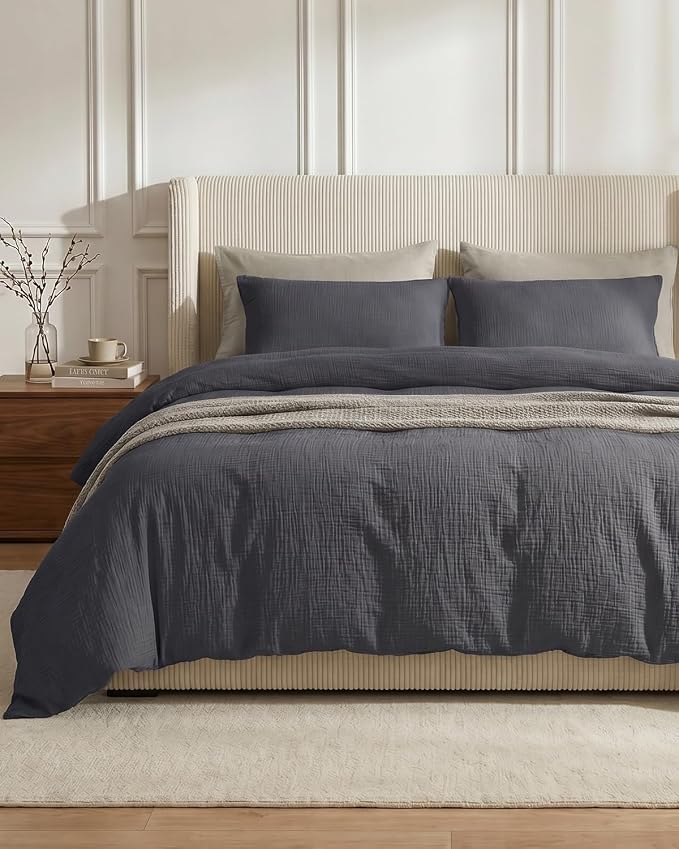 SE SOFTEXLY Muslin Duvet Cover King Size, 100% Washed Cotton Duvet Cover Set, Ultra Soft Comforter Cover Linen Like, 3 Pieces Minimalist Gauze Duvet Cover with 2 Pillowcases, 90"x104", Dark Grey