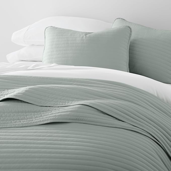 Merit Linens Modern Quilt Coverlet Soft Set in Stripe Stitching - Full/Queen Eucalyptus