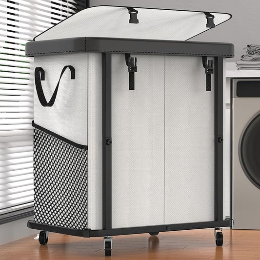 Laundry Basket with Wheels,190L (50 Gal) Laundry Hamper 2 Setion - Beige | Leather Patchwork,Sturdy Metal Frame, Removable Washable Bag, Tall Clothes Sorter for Bedroom, Laundry Room
