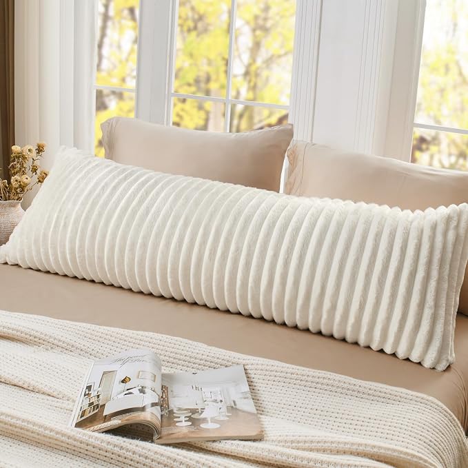 BEDELITE Fluffy Striped Body Pillow Cover with Zipper, Cream White, 20x54 | Ultra-soft Faux Fur with 13D Striped Texture, Comfy, Plush, and Cloud-like, Body Pillow Pillowcase for Bed Couch Room Decor