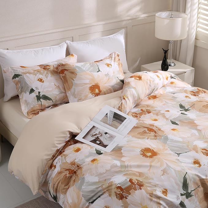 LONAVA King Flower 3 Pcs Duvet Cover Set, Breathable Soft Microfiber Biege Lining Comforter Cover with Zipper Closure, and 2 Anti-Pilling, Fade Resistant Pillowcases, Golden Flower
