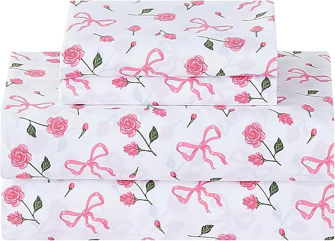 Softan Pink Floral Queen Bed Sheets, Cozy Microfiber Flower Printed Sheets with 15" Deep Pocket Fitted Sheet & Non-Slip Straps, Patterned Pink Rose - Bow Sheets & Pillowcase Set