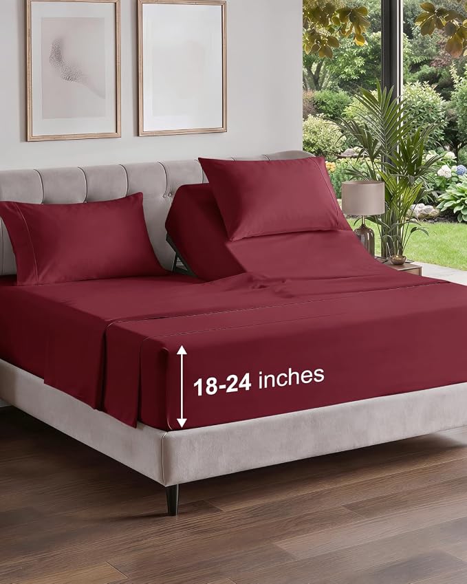 Flex Top Split Head King Sheet Set - 4 Piece Extra Deep Sheets - Burgundy | Easily Fits 18 to 24 inch Mattress, Ultra Soft, Wrinkle & Fade Free with Extra Deep Pockets, Comfy Hotel Luxury Bedding