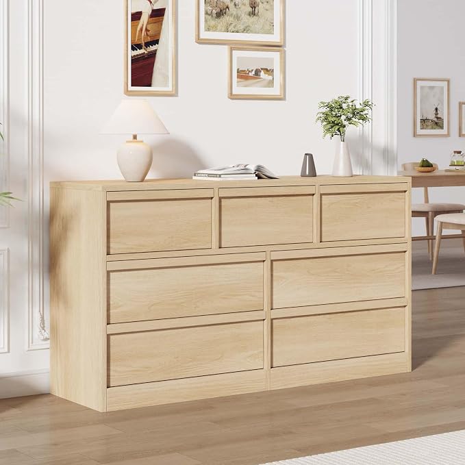 Garvee 7 Dresser for Bedroom, 54" Wide Dresser, Freestanding Horizontal Drawer with Storage, Wooden Closet Chest Storage for Living Room, Hallway, Entryway, Natural Oak