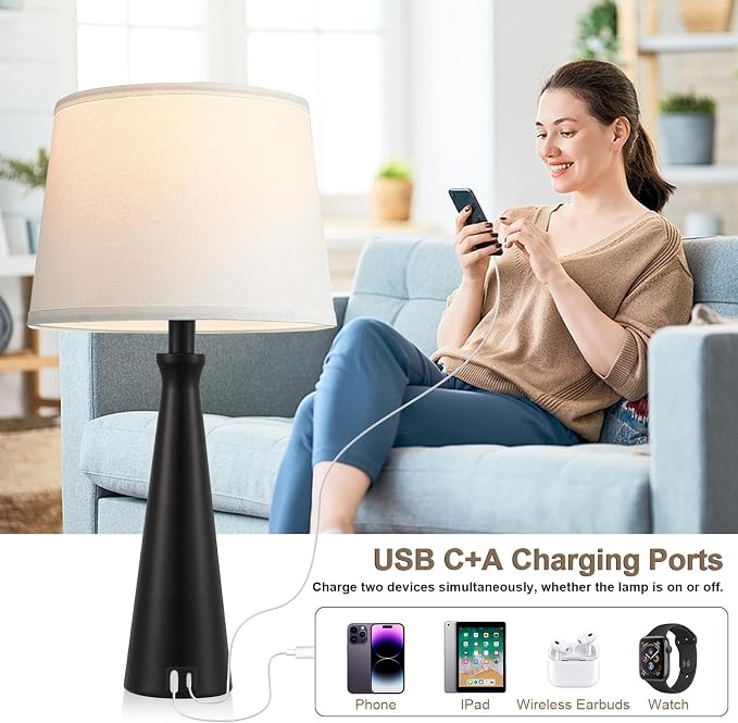 Modern Touch Lamps for Nightstand, 3 Way Dimmable Bedroom Lamp Set of 2 | USB C+A Charging Ports, Black Bedside Lamps for Bedroom, Living Room, End Table, Bed Side, LED Bulb Included