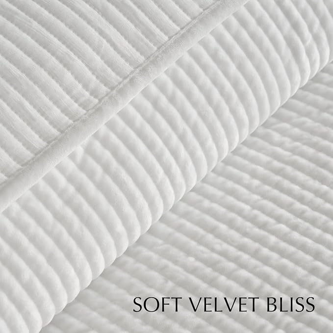 EverGrace Striped Channel Velvet Quilt Set, Queen Size, Bright White | Luxurious Soft Lightweight Velvet Comforter, Oversized Bedspread Coverlet, Quilted Bedding Set for All Season, with 2 Shams