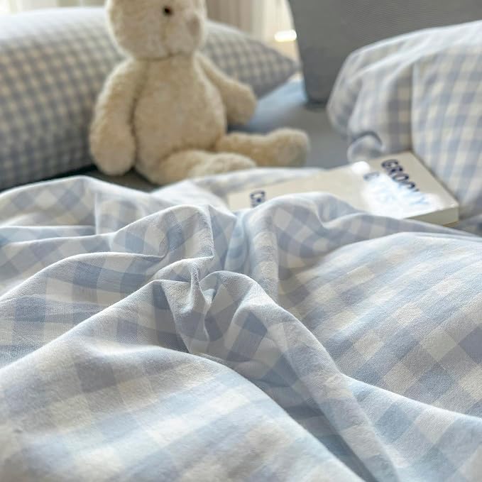 LifeTB Blue Gingham Comforter Set Full Size Modern Style Blue Plaid Comforter Set 3 Pieces Grid Checkered Pattern Comforter Fluffy Soft Farmhouse Gingham Bedding Comforter with 2 Pillowcases