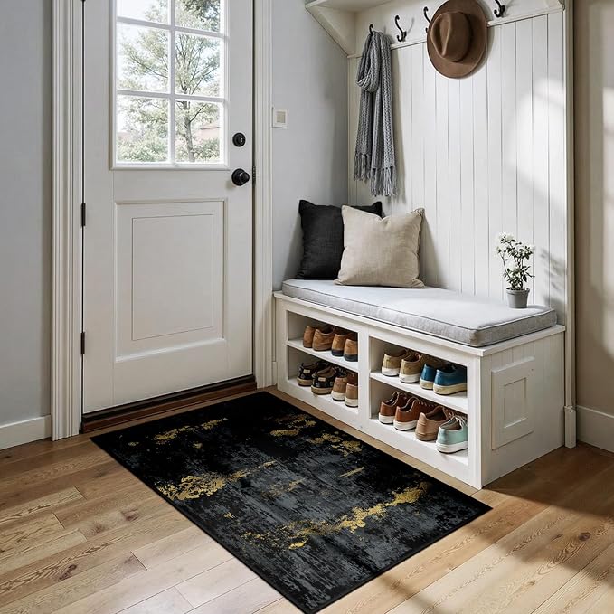 RELEANY Washable 2'x4' Abstract Area Rug for Living Room Black Gold | Carpet for Bedroom, Kitchen, Office, Hallway and Entryway, Printed Pattern, Non‑Slip, Soft, Stain‑Resistant, Easy to Clean