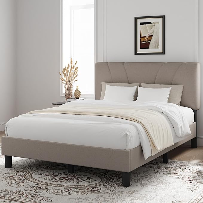 Novilla King Size Bed Frame with Adjustable Headboard Platform King Bed Frame Linen Fabric Upholstered Headboard, No Box Spring Needed, Noise-Free, Wooden Slats Support, Easy Assembly, Beige