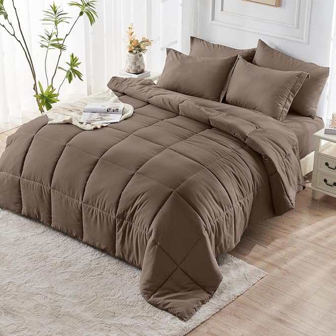 JOLLYVOGUE Oversized Queen Comforter Set, Ultra-Soft Bed in a Bag Oversized Queen Size 7 Pieces, Oeko-TEX Certified Bedding Set with Down Alternative Comforter, Sheets, Pillowcases & Shams, Brown