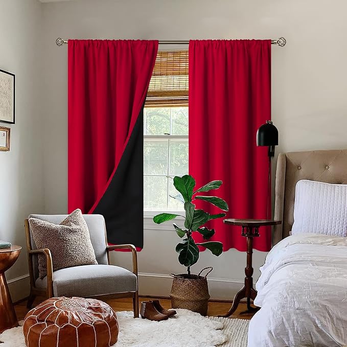 BGment Christmas 100% Blackout Curtains for Bedroom 63 Inch Length 2 Panels | Decoration Thermal Insulated, Full Room Darkening Noise Reducing Rod Pocket Curtains for Living Room, Red, 42 x 63 Inch