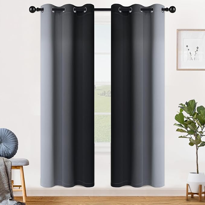SimpleHome Ombre Black to Grey White Curtains for Living Room 42Wx72L | Room Darkening Curtains for Bedroom,Gradient Light Blocking Curtain,Thermal Insulated Grommet Window Drapes,2 Panels,72 Inch