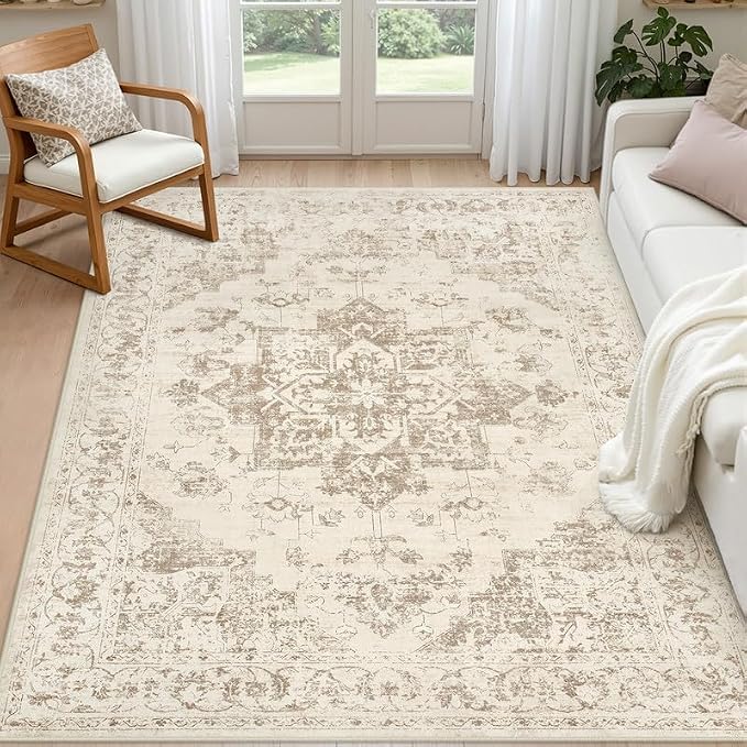 3x5 Area Rugs Living Room: Bedroom Washable Carpet Beige/Ivory | Vintage Boho Soft Small Indoor Decor Floor Non-Slip Low Pile Neutral Farmhouse Entryway Laundry Bathroom Bedroom Beside Rugs